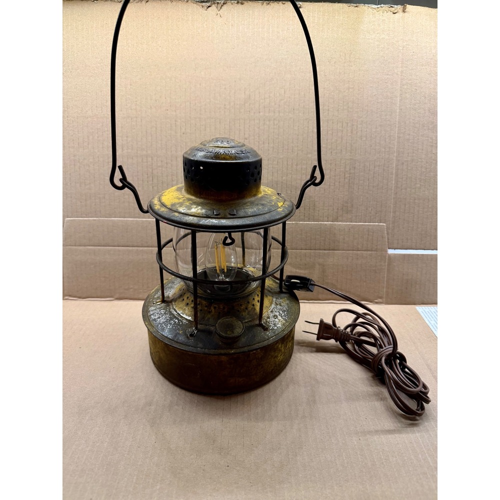 Vintage Embury No 500 Railroad Lantern Upcycled Electric Lamp Warsaw NY Yellow